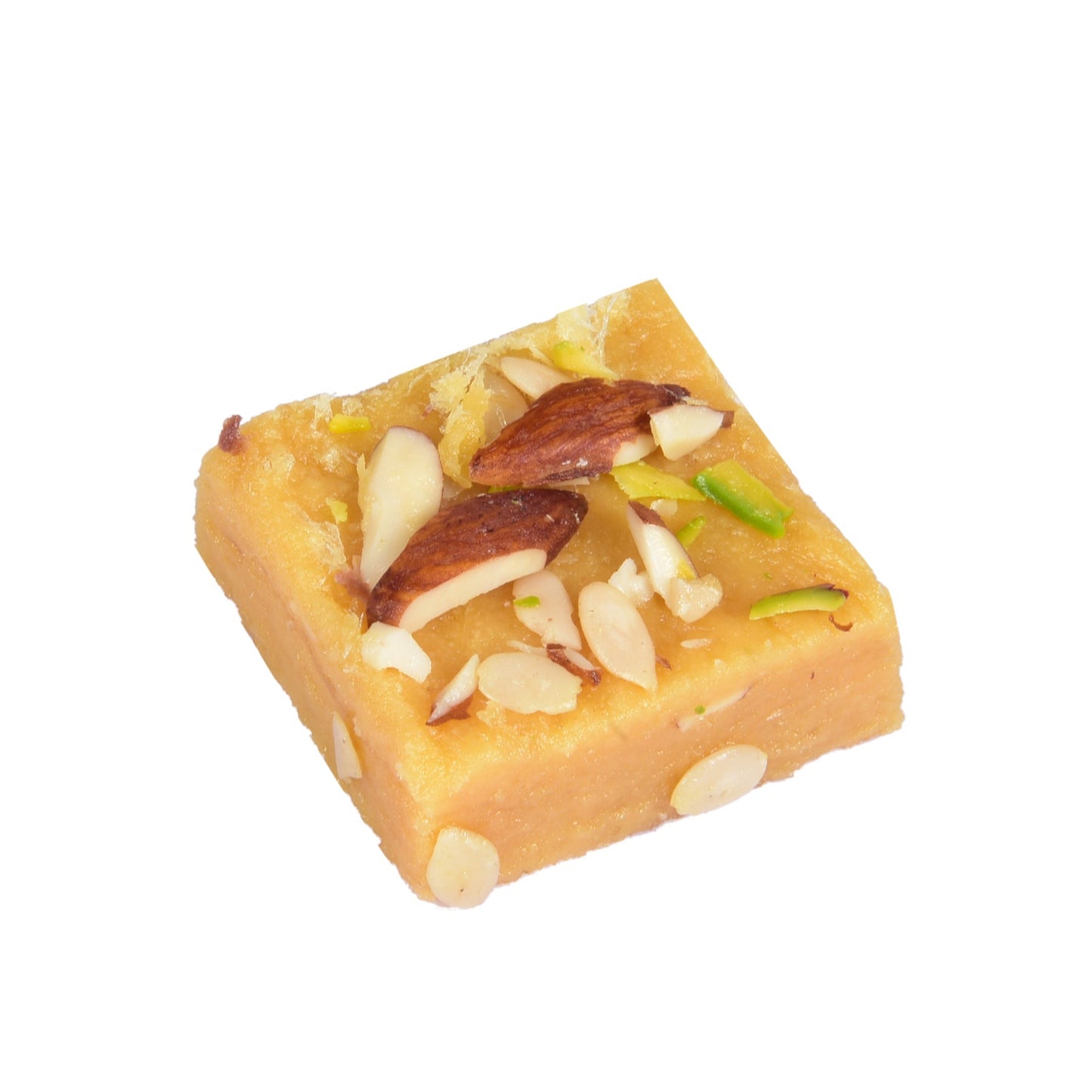 Square piece of sweet dish with nuts on a white background