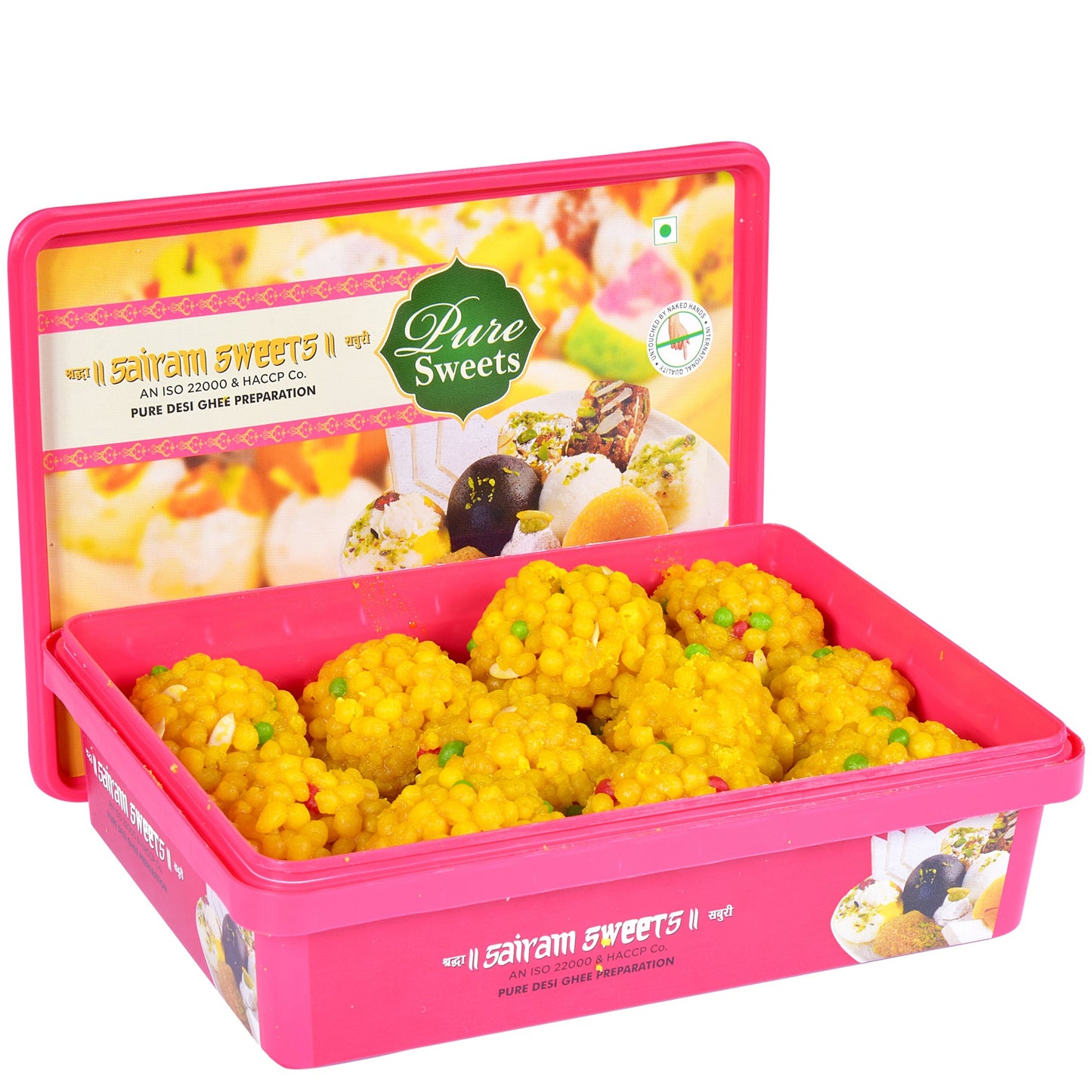 Pink container of yellow sweets with Sairam Sweets branding on a white background