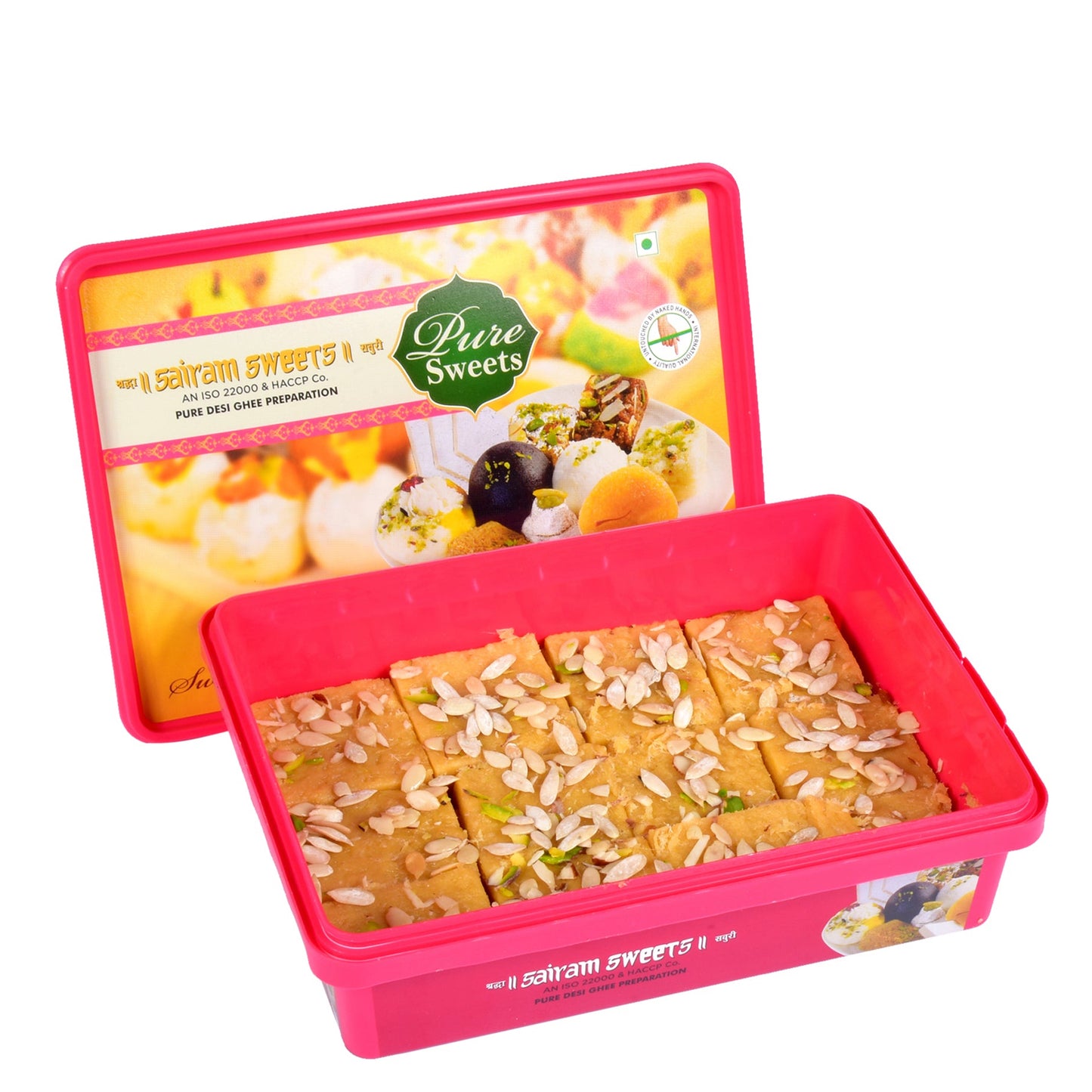 Pink box of Sairam Sweets Pure Sweets with a visible brand logo on a white background