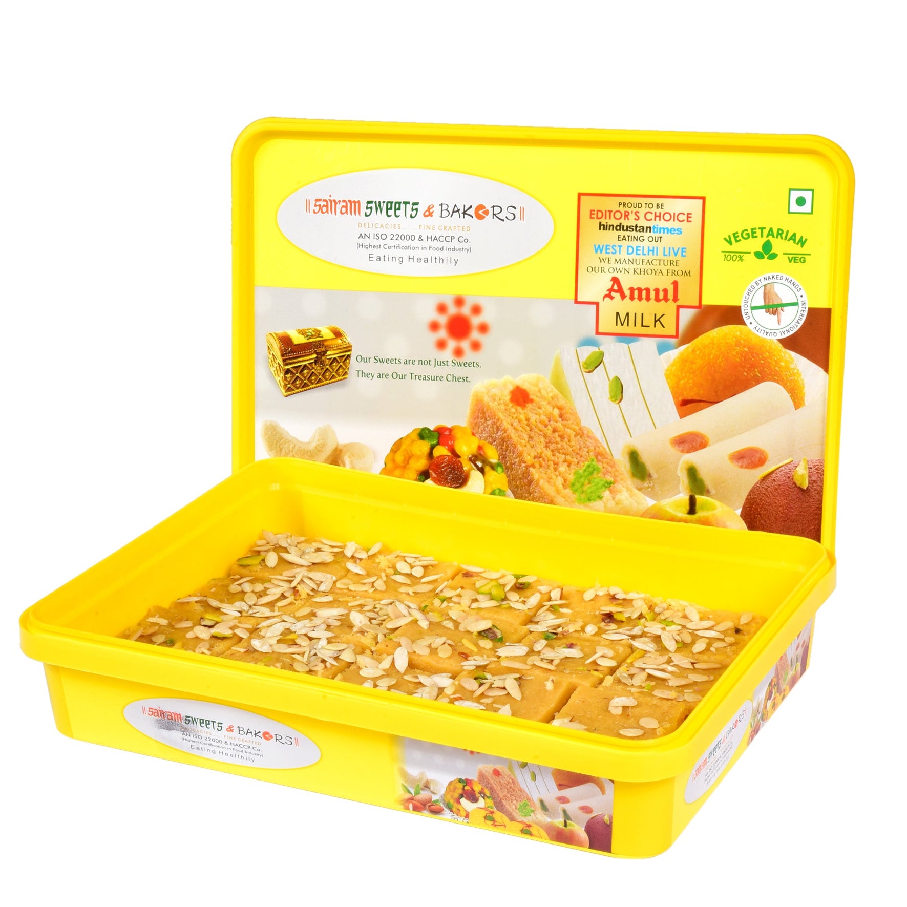 Yellow box with a sweet dish and visible branding on a white background